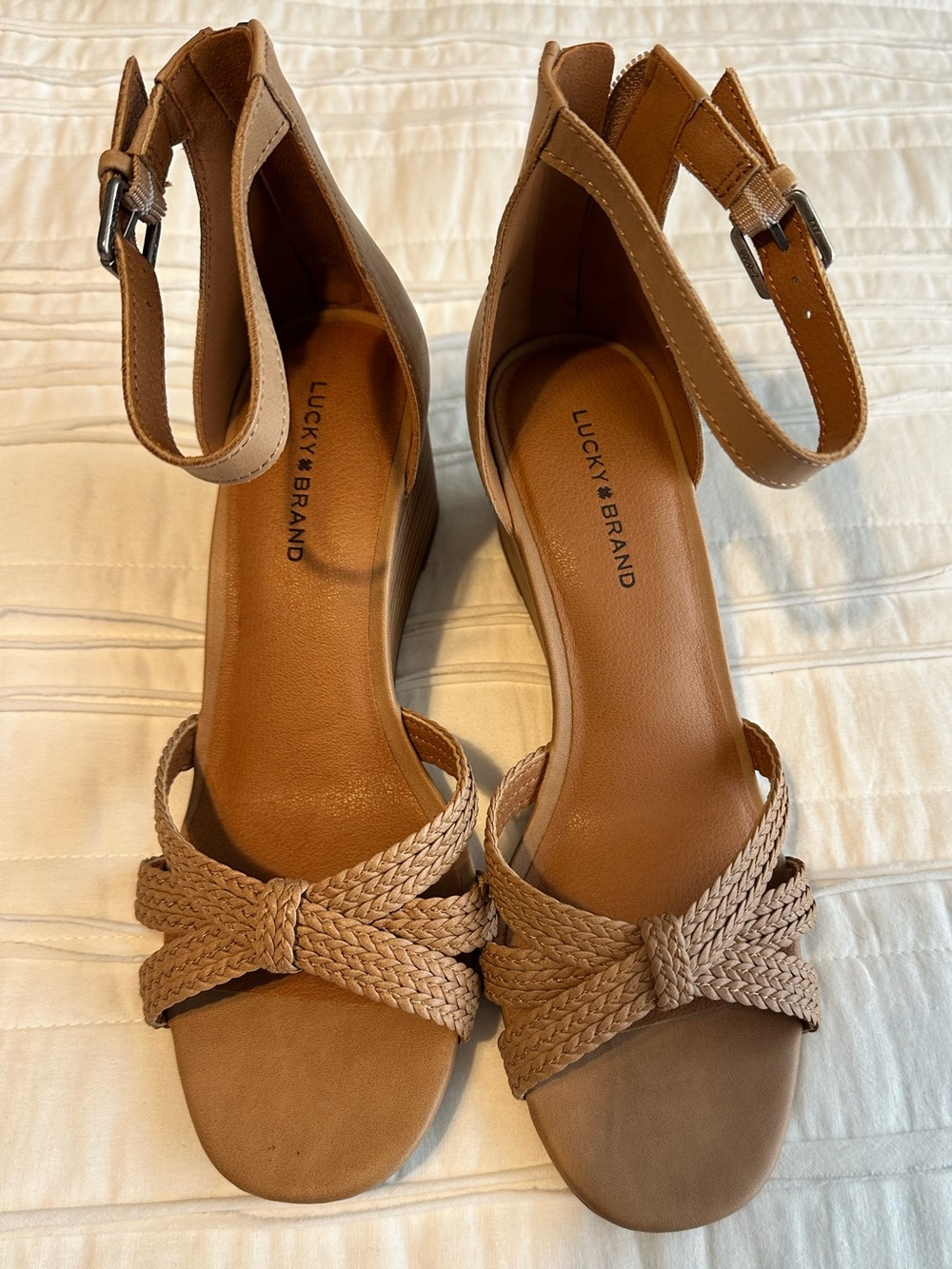 NWOT — Lucky Brand Braided Tan Wedge Sandals with Ankle Strap
